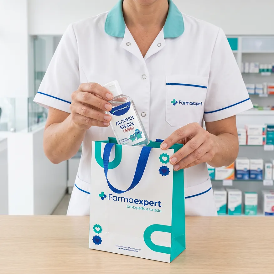 Sistema visual de Farmaexpert aplicado en local y packaging